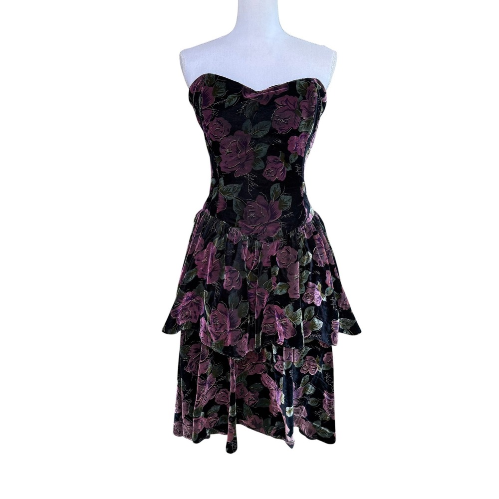 Vintage Robbie Bee Velvet Floral Strapless Tiered Dress Purple Rose 80s 90s 6